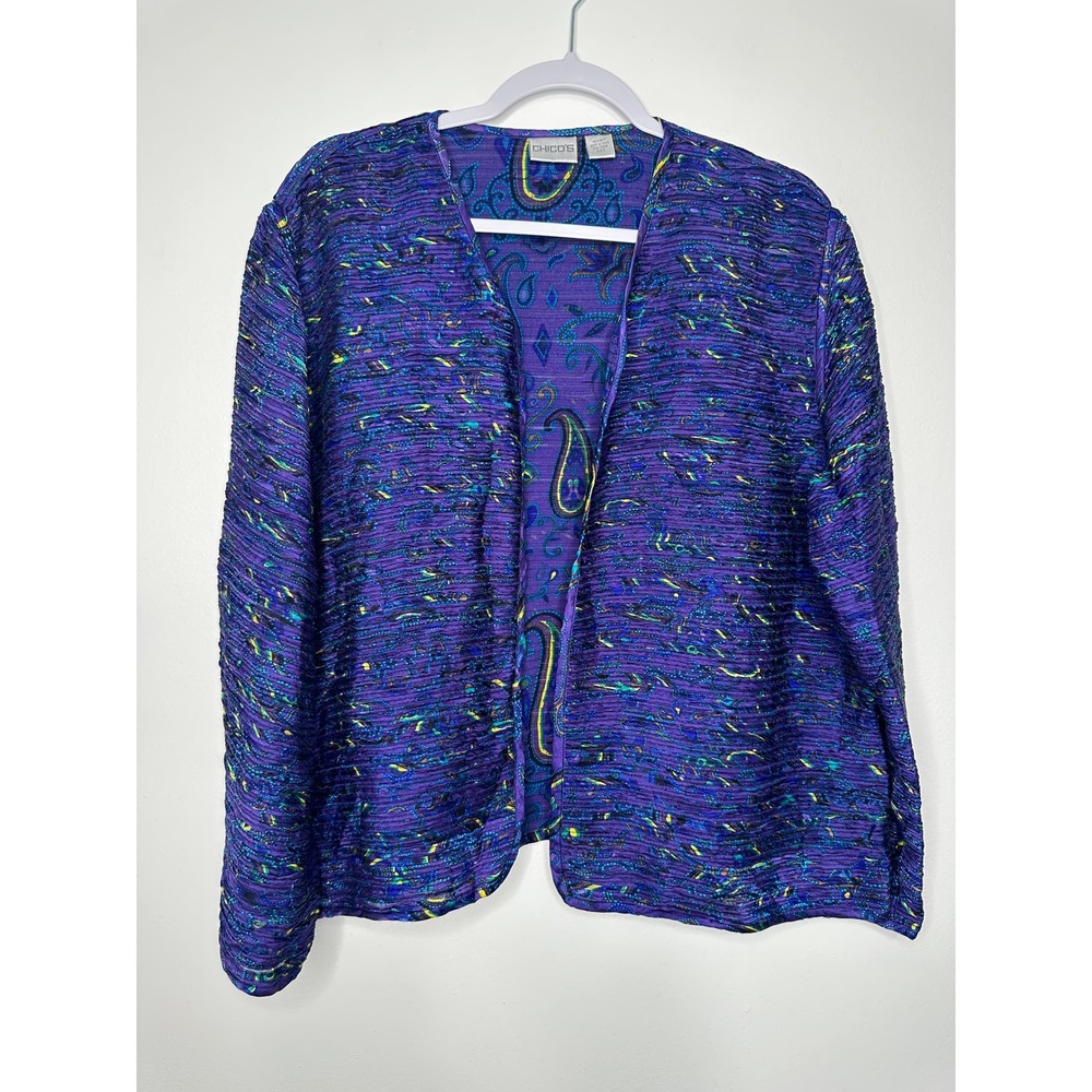 Chicos Silk Paisley Open Front Jacket Topper Size XL Purple